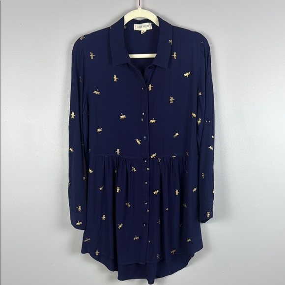 Luna Moon Dragonfly Embroidered Blue Button Down Tunic Size Large - Picture 2 of 12